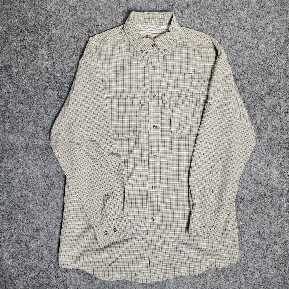 LL Bean Shirt Men M Tall Yellow Gray Plaid Mesh Line Vented Back Roll Tab Hiking